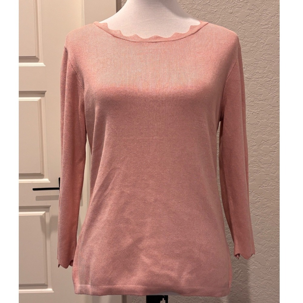 Philosophy Scalloped Top Women Large Pink Light Blush‎ Ribbed 3/4 Sleeve NEW